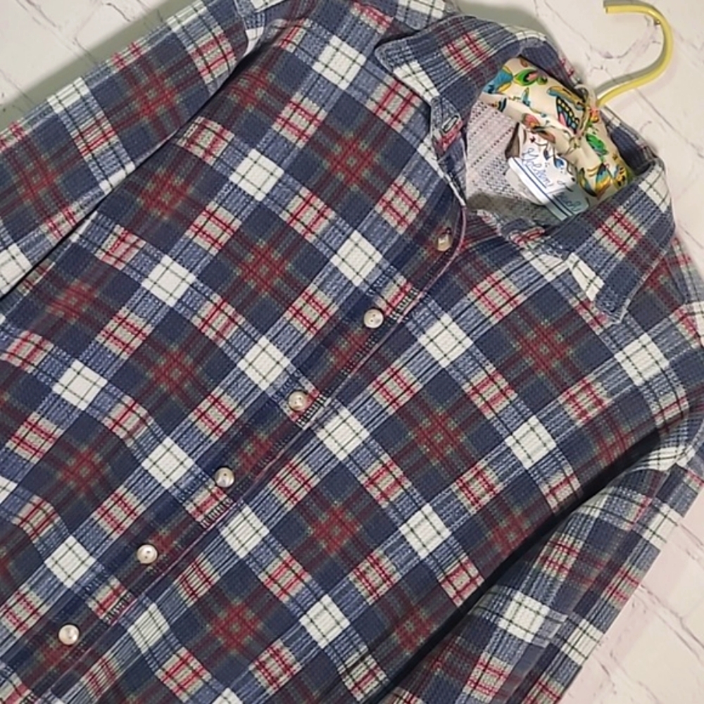 Vintage 80s Waffle Knit Blue Red Plaid Flannel Button Front Shirt Womens Small - Picture 7 of 16